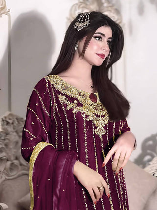 Wine Elegant Heavy Chinon Silk Embroidered Palazzo Set with Rivet Moti & 5mm Sequin Work – Fully Stitched with Dupatta ClothsVilla