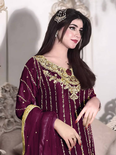Wine Elegant Heavy Chinon Silk Embroidered Palazzo Set with Rivet Moti & 5mm Sequin Work – Fully Stitched with Dupatta ClothsVilla