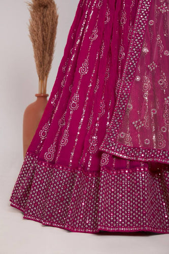Wine Elegant Heavy Georgette Embroidered Lehenga Set with Sequins & Butterfly Net Dupatta ClothsVilla