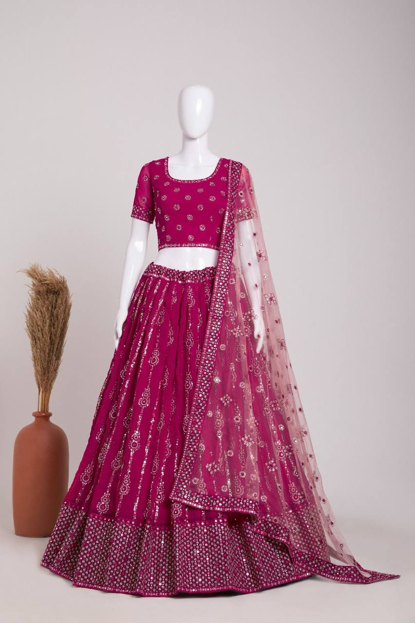 Wine Elegant Heavy Georgette Embroidered Lehenga Set with Sequins & Butterfly Net Dupatta ClothsVilla Main image
