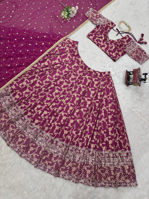 Wine Elegant Jequard Thread & Sequin Work Lehenga Set with Dupatta ClothsVilla