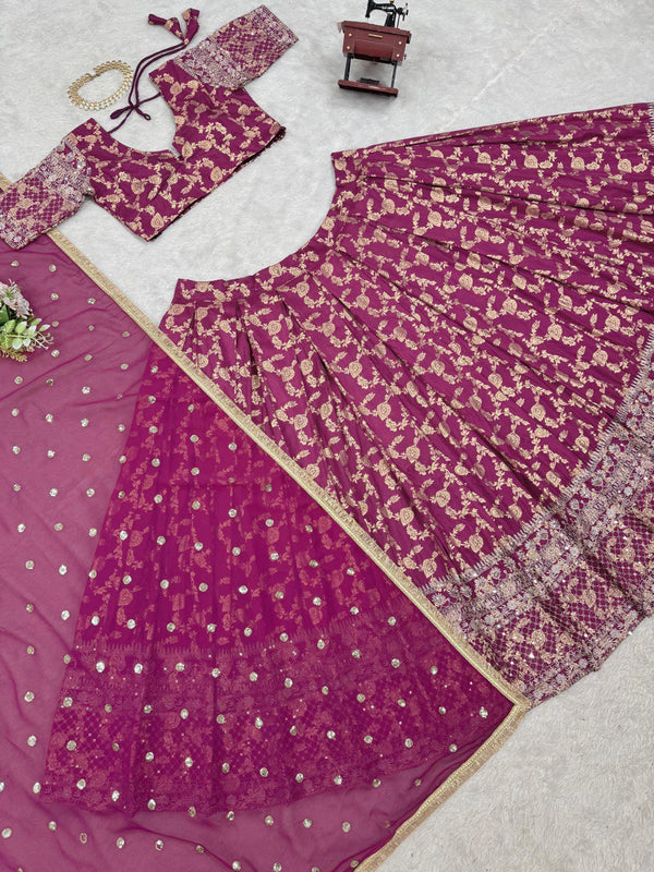 Wine Elegant Jequard Thread & Sequin Work Lehenga Set with Dupatta ClothsVilla