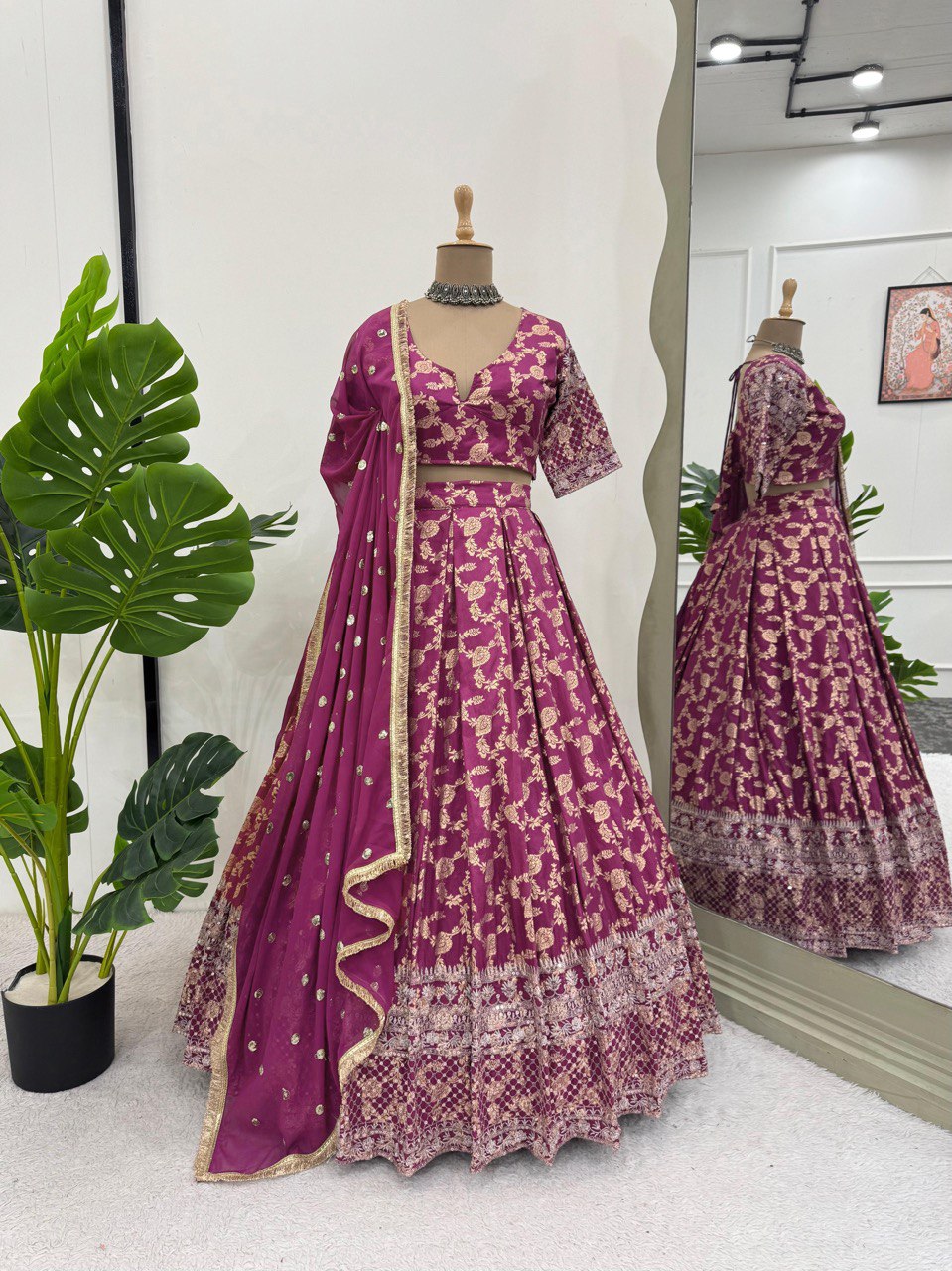 Wine Elegant Jequard Thread & Sequin Work Lehenga Set with Dupatta ClothsVilla