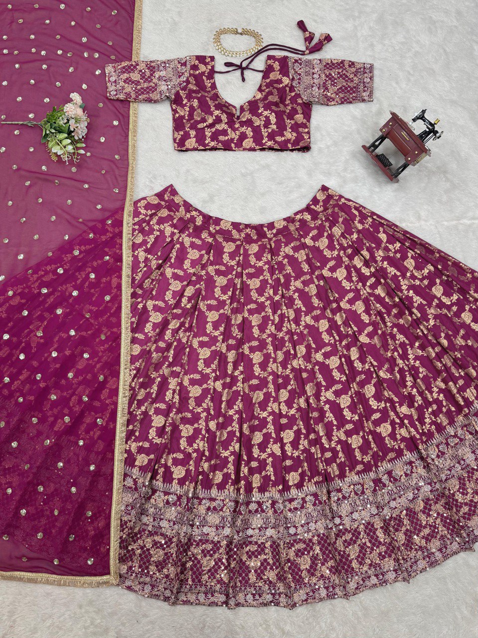 Wine Elegant Jequard Thread & Sequin Work Lehenga Set with Dupatta ClothsVilla