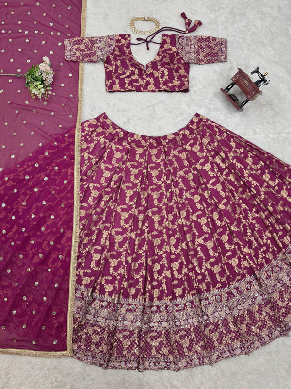 Wine Elegant Jequard Thread & Sequin Work Lehenga Set with Dupatta ClothsVilla