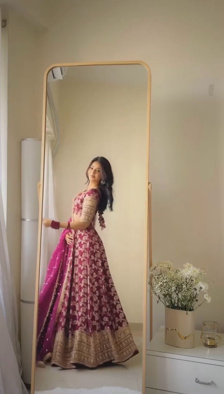 Wine Elegant Jequard Thread & Sequin Work Lehenga Set with Dupatta ClothsVilla