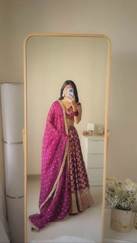 Wine Elegant Jequard Thread & Sequin Work Lehenga Set with Dupatta ClothsVilla