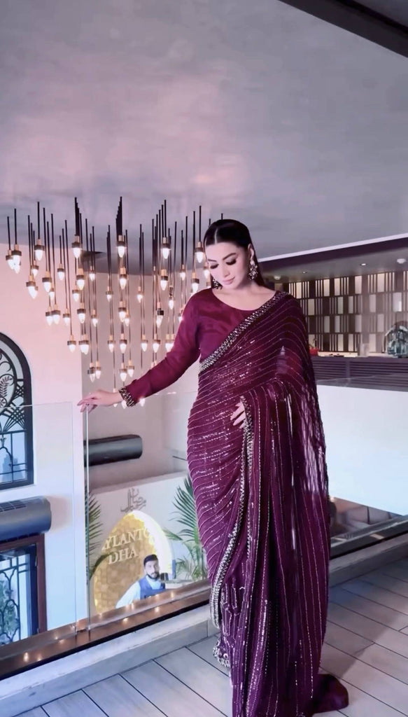 Wine Elegant Kasturi Silk Saree with Sequins & Thread Work ClothsVilla