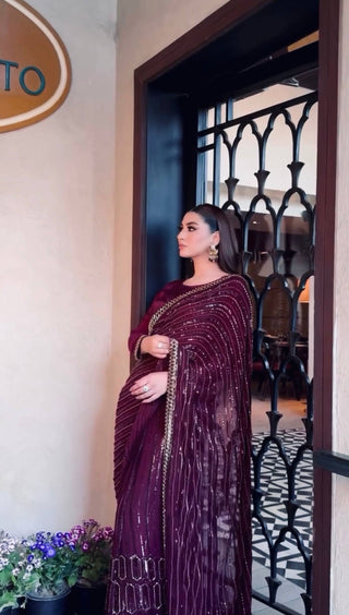 Wine Elegant Kasturi Silk Saree with Sequins & Thread Work ClothsVilla