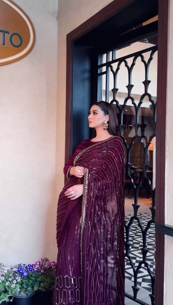 Wine Elegant Kasturi Silk Saree with Sequins & Thread Work ClothsVilla