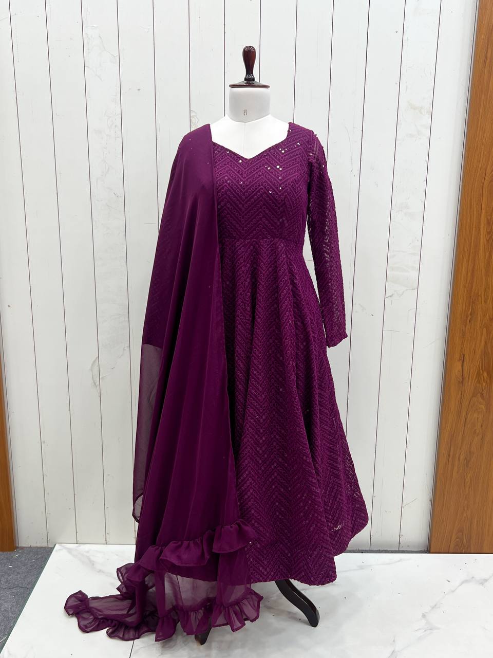 Wine Elegant Lucknowi Sequence Anarkali Set with Dupatta & Pant – Fully Stitched ClothsVilla