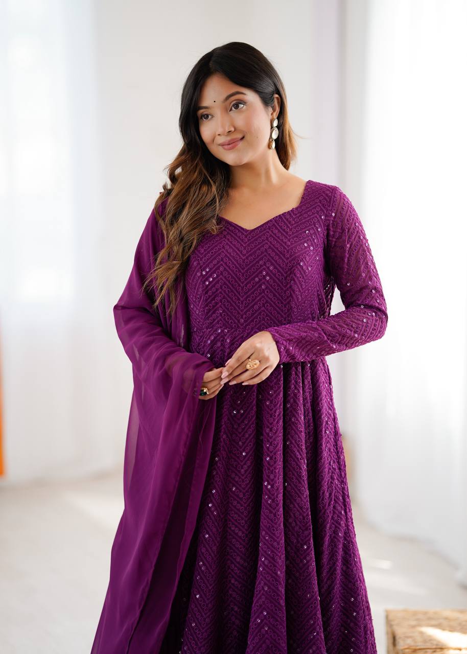 Wine Elegant Lucknowi Sequence Anarkali Set with Dupatta & Pant – Fully Stitched ClothsVilla