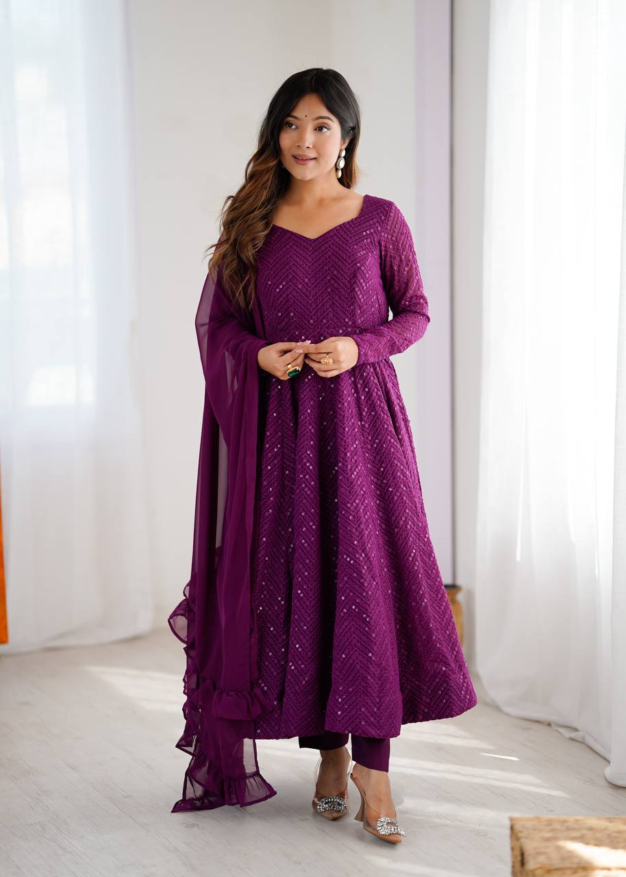 Wine Elegant Lucknowi Sequence Anarkali Set with Dupatta & Pant – Fully Stitched ClothsVilla Main image