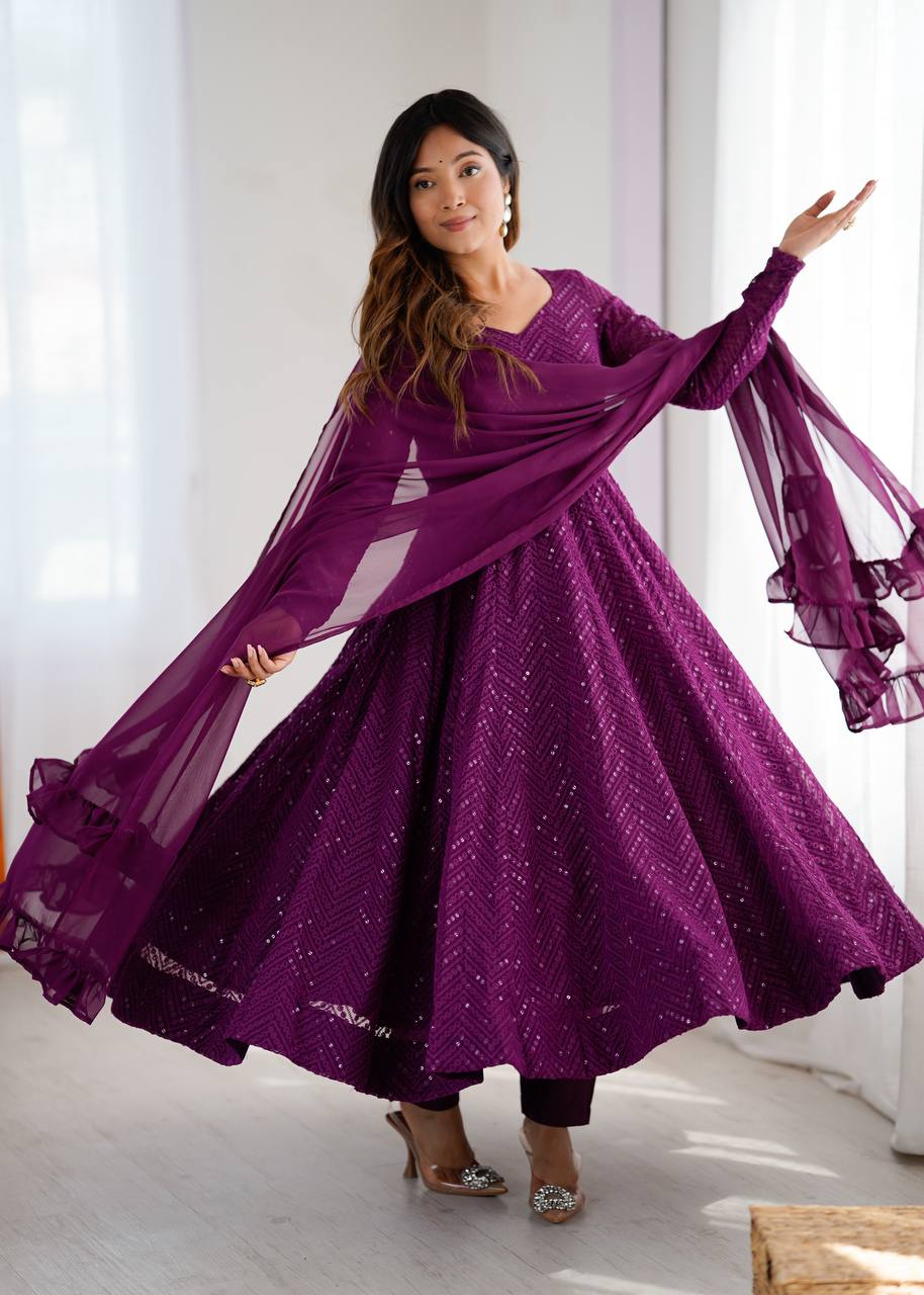 Wine Elegant Lucknowi Sequence Anarkali Set with Dupatta & Pant – Fully Stitched ClothsVilla