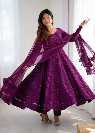 Wine Elegant Lucknowi Sequence Anarkali Set with Dupatta & Pant – Fully Stitched ClothsVilla