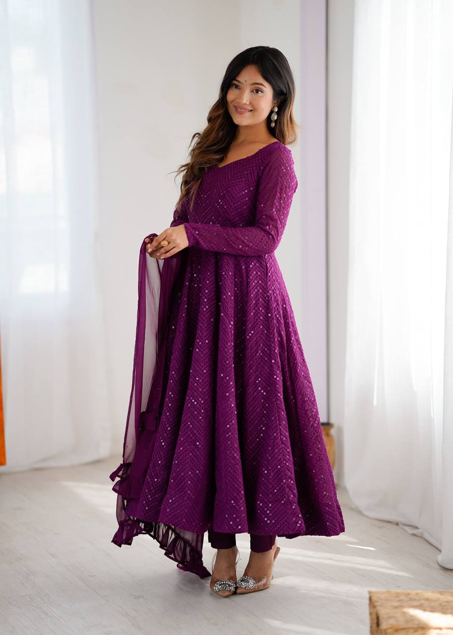 Wine Elegant Lucknowi Sequence Anarkali Set with Dupatta & Pant – Fully Stitched ClothsVilla