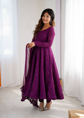 Wine Elegant Lucknowi Sequence Anarkali Set with Dupatta & Pant – Fully Stitched ClothsVilla