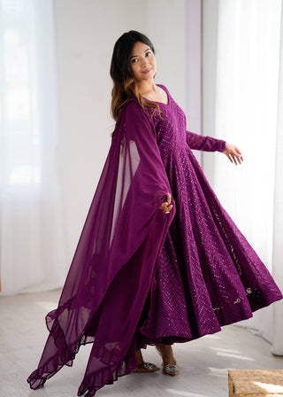 Wine Elegant Lucknowi Sequence Anarkali Set with Dupatta & Pant – Fully Stitched ClothsVilla