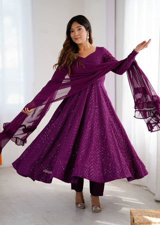 Wine Elegant Lucknowi Sequence Anarkali Set with Dupatta & Pant – Fully Stitched ClothsVilla