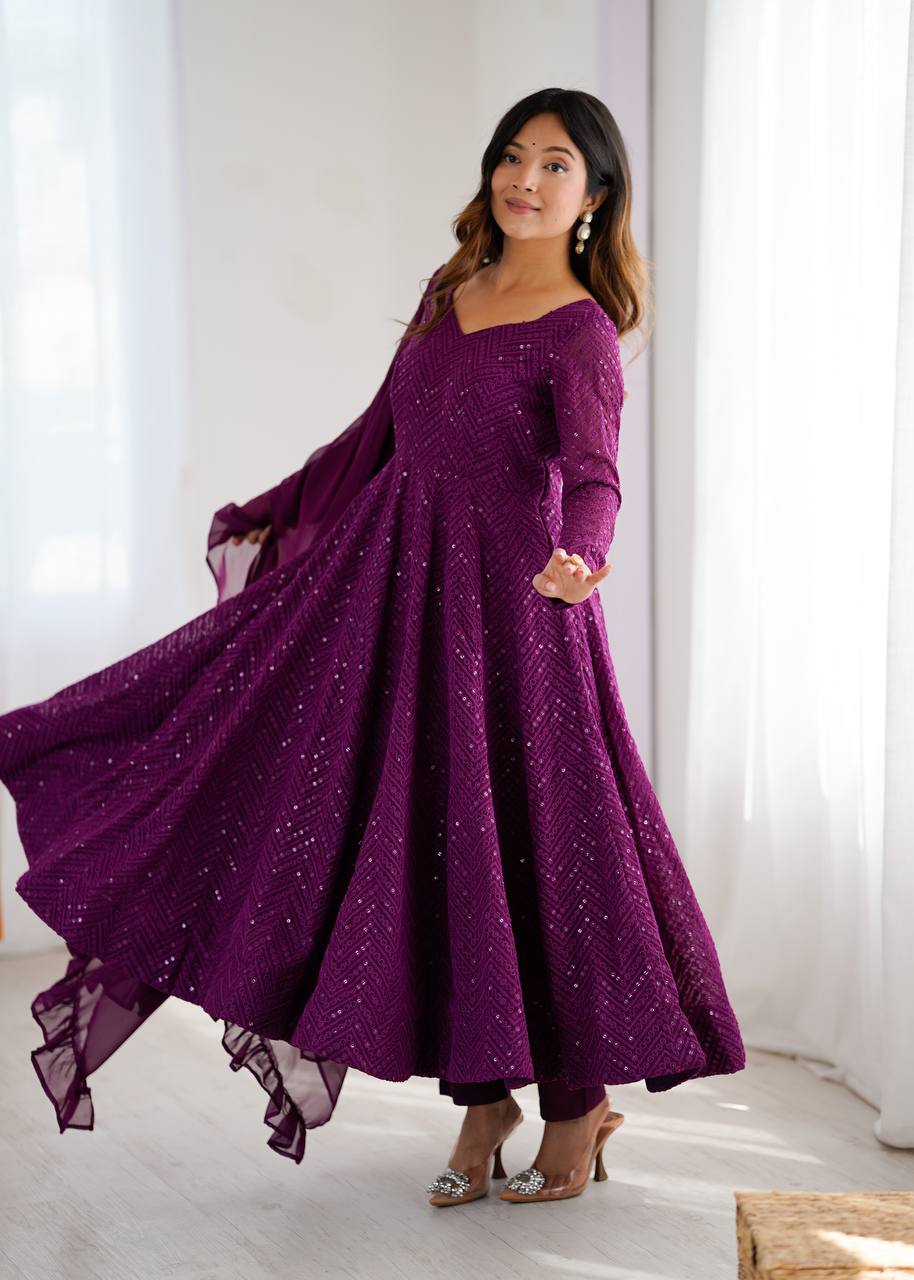 Wine Elegant Lucknowi Sequence Anarkali Set with Dupatta & Pant – Fully Stitched ClothsVilla