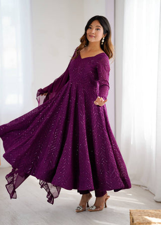 Wine Elegant Lucknowi Sequence Anarkali Set with Dupatta & Pant – Fully Stitched ClothsVilla