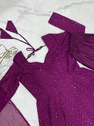 Wine Elegant Lucknowi Sequence Anarkali Set with Dupatta & Pant – Fully Stitched ClothsVilla