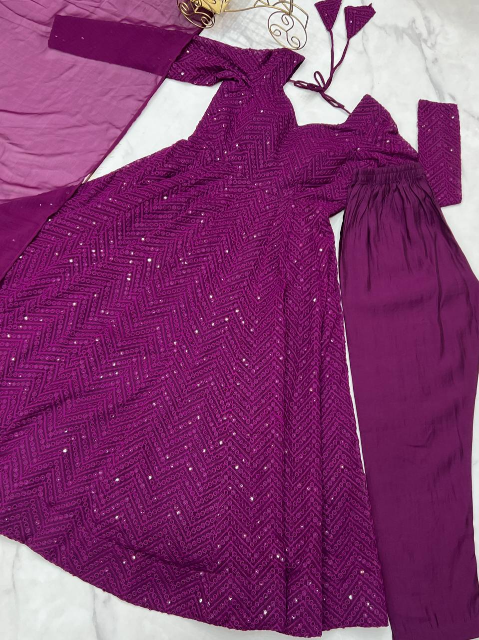 Wine Elegant Lucknowi Sequence Anarkali Set with Dupatta & Pant – Fully Stitched ClothsVilla