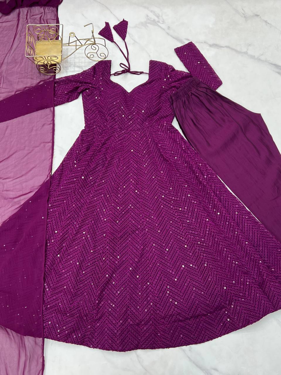 Wine Elegant Lucknowi Sequence Anarkali Set with Dupatta & Pant – Fully Stitched ClothsVilla