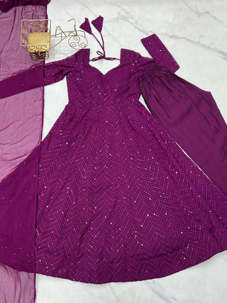 Wine Elegant Lucknowi Sequence Anarkali Set with Dupatta & Pant – Fully Stitched ClothsVilla