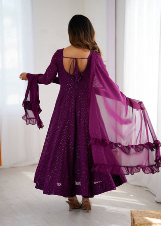 Wine Elegant Lucknowi Sequence Anarkali Set with Dupatta & Pant – Fully Stitched ClothsVilla