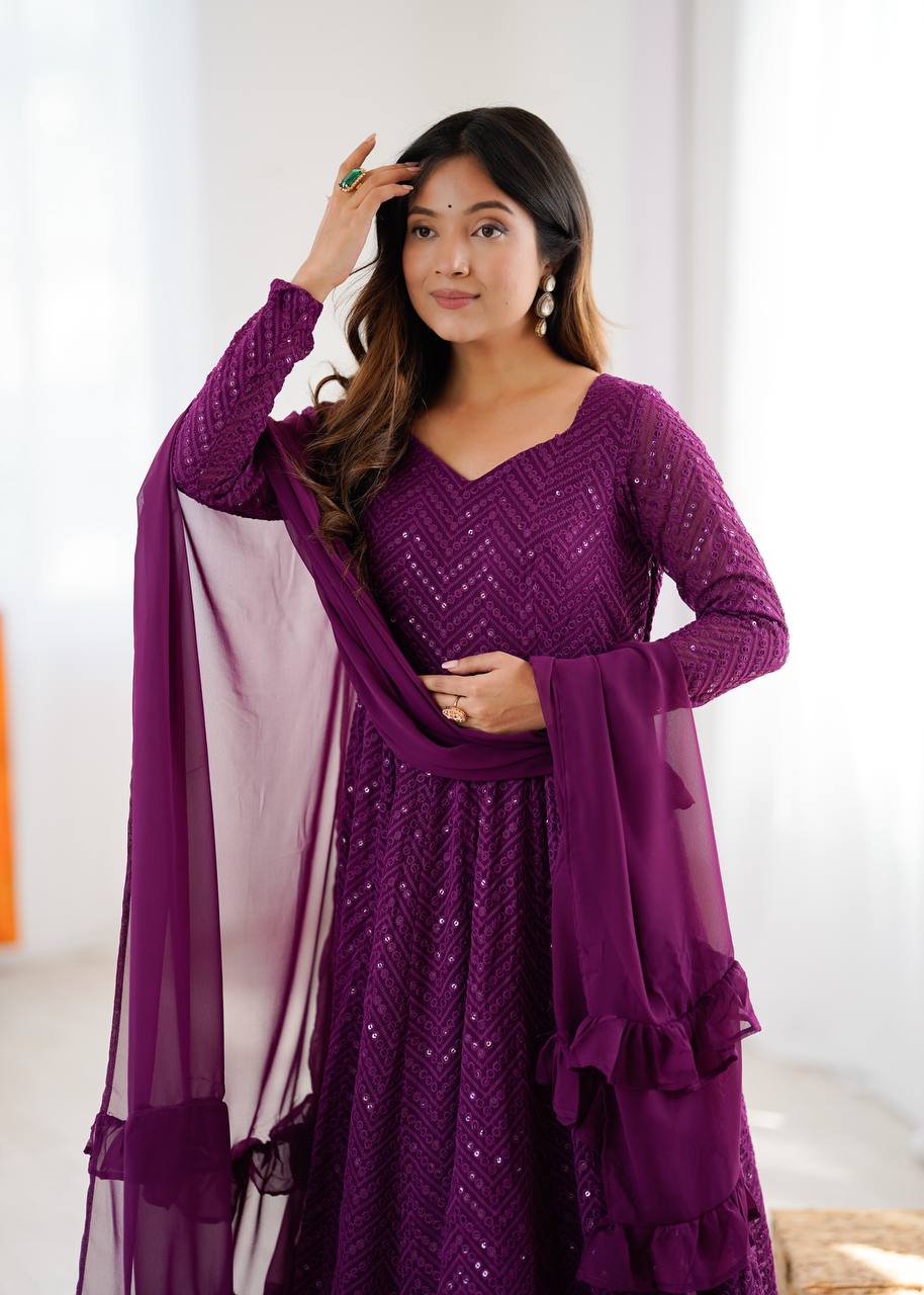 Wine Elegant Lucknowi Sequence Anarkali Set with Dupatta & Pant – Fully Stitched ClothsVilla