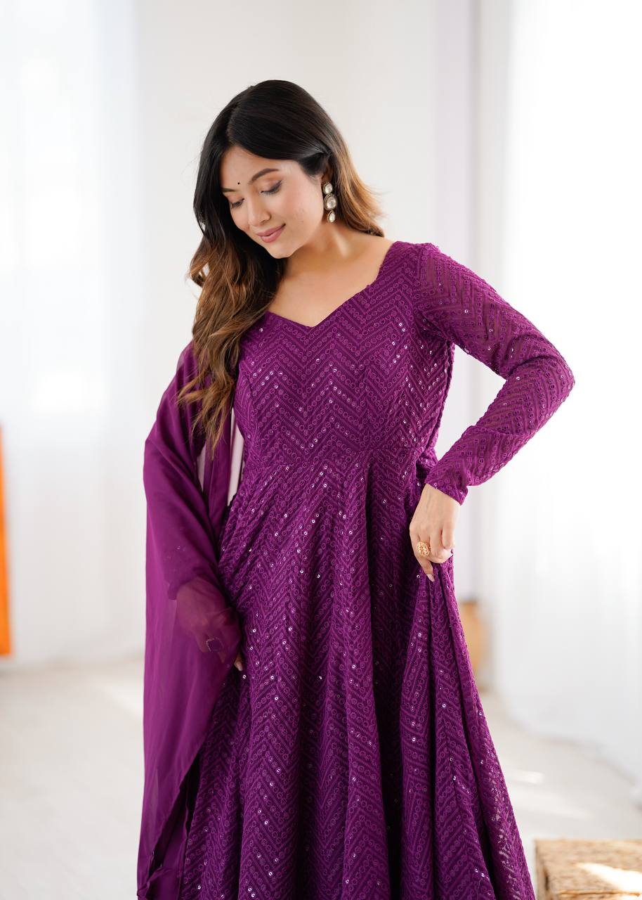 Wine Elegant Lucknowi Sequence Anarkali Set with Dupatta & Pant – Fully Stitched ClothsVilla