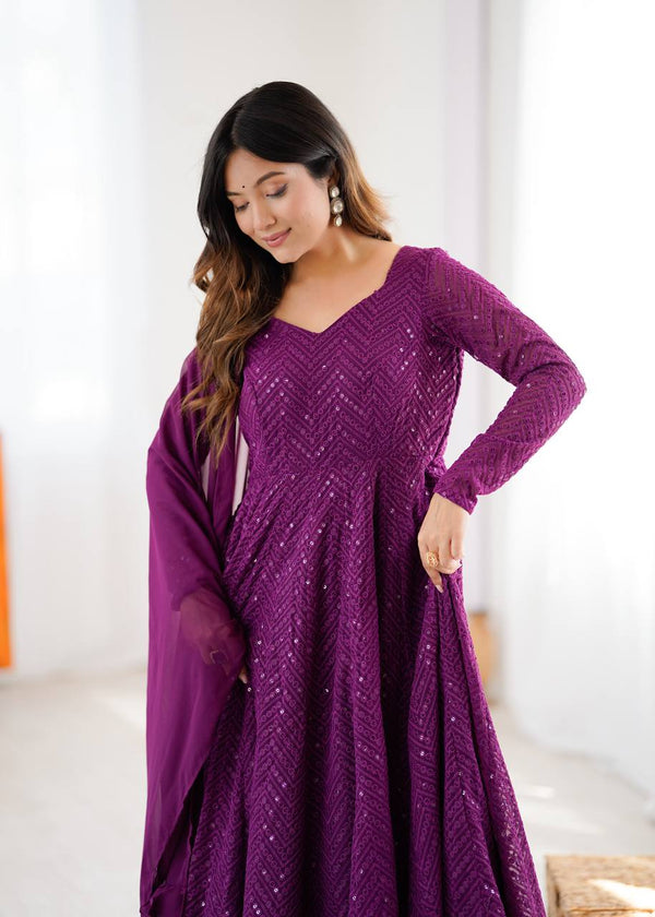 Wine Elegant Lucknowi Sequence Anarkali Set with Dupatta & Pant – Fully Stitched ClothsVilla