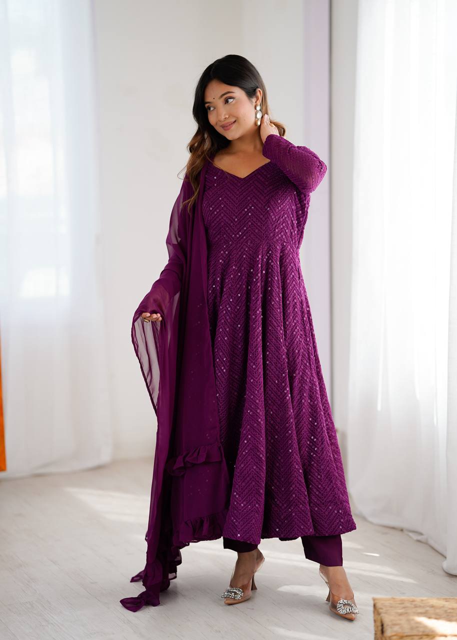 Wine Elegant Lucknowi Sequence Anarkali Set with Dupatta & Pant – Fully Stitched ClothsVilla
