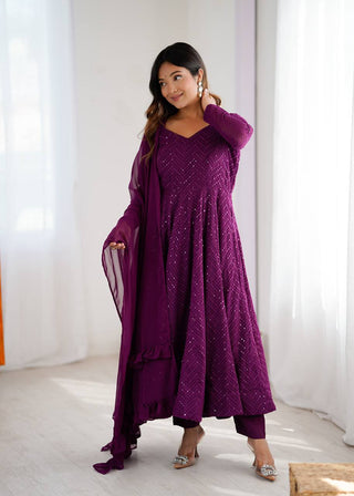 Wine Elegant Lucknowi Sequence Anarkali Set with Dupatta & Pant – Fully Stitched ClothsVilla