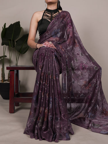 Wine Elegant Lurex Brasso Saree with Floral Viscose Brasso Work & Silk Blouse Piece ClothsVilla
