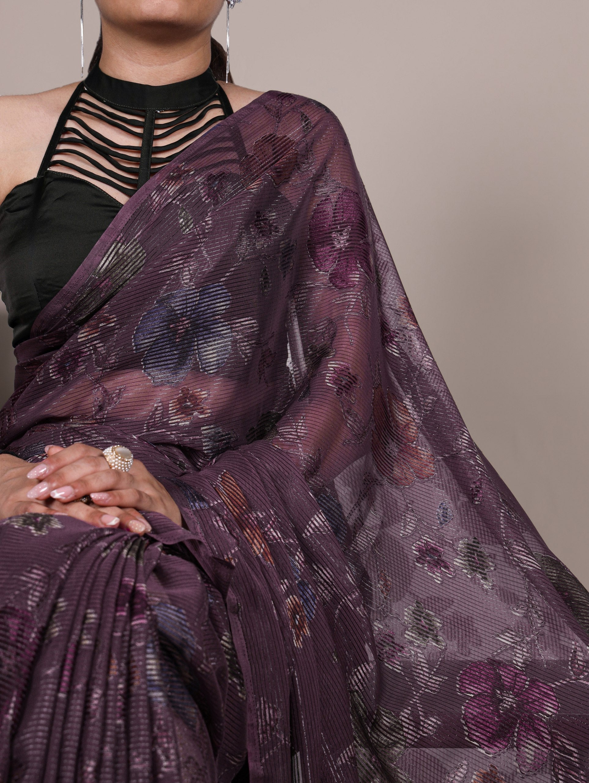 Wine Elegant Lurex Brasso Saree with Floral Viscose Brasso Work & Silk Blouse Piece ClothsVilla