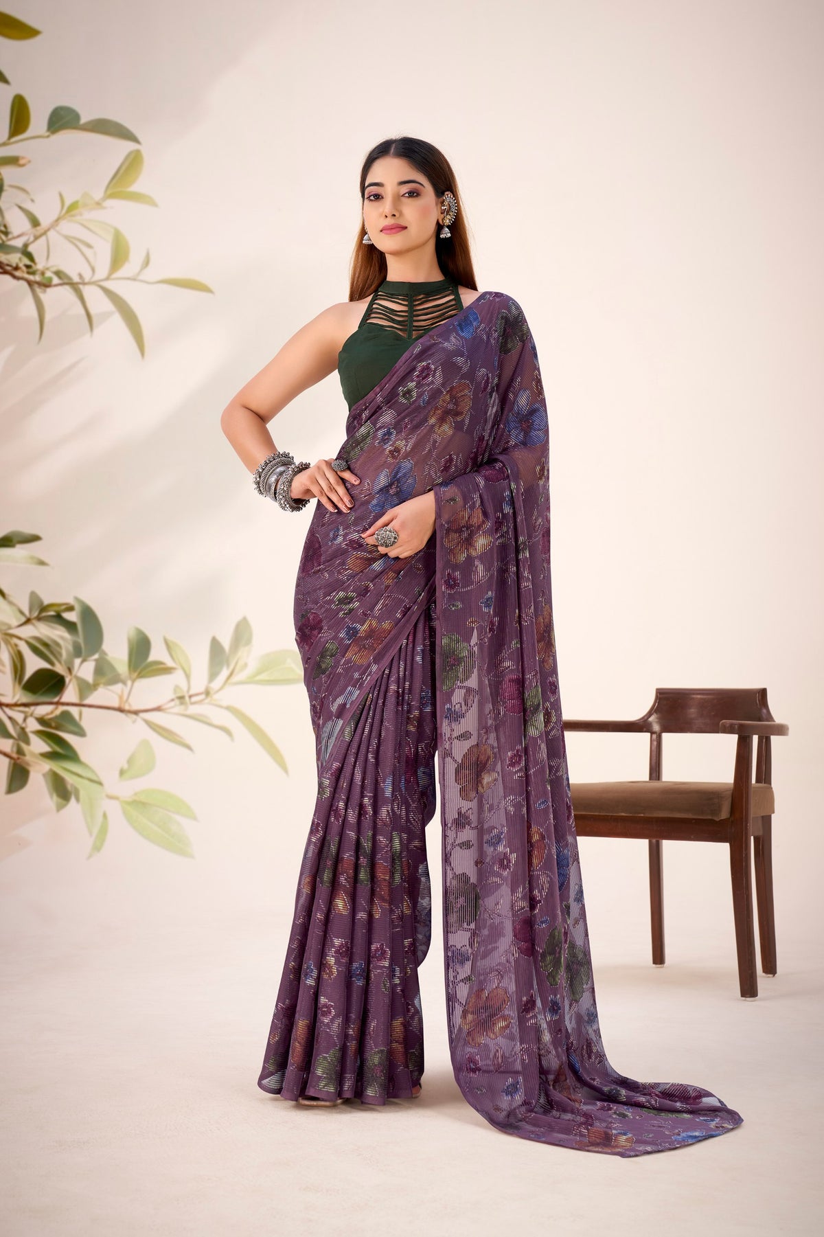 Wine Elegant Lurex Brasso Saree with Floral Viscose Brasso Work & Silk Blouse Piece Main image