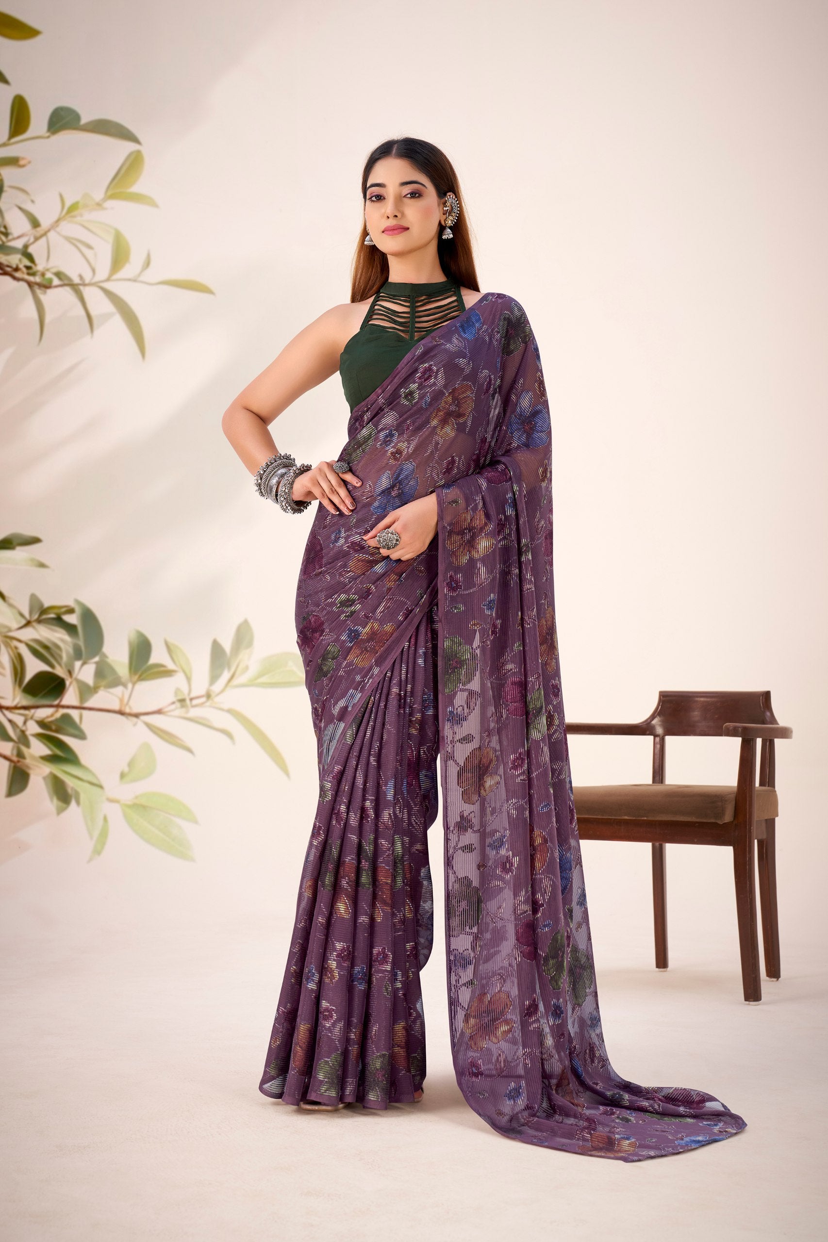 Wine Elegant Lurex Brasso Saree with Floral Viscose Brasso Work & Silk Blouse Piece Main image