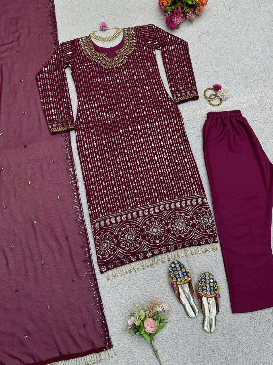 Wine Elegant Mirror Work Co-Ord Set ClothsVilla