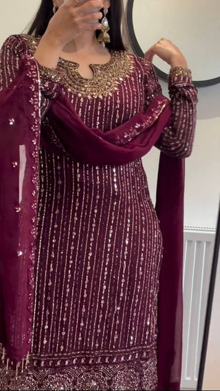 Wine Elegant Mirror Work Co-Ord Set ClothsVilla
