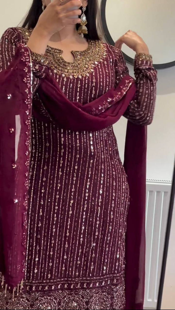 Wine Elegant Mirror Work Co-Ord Set ClothsVilla