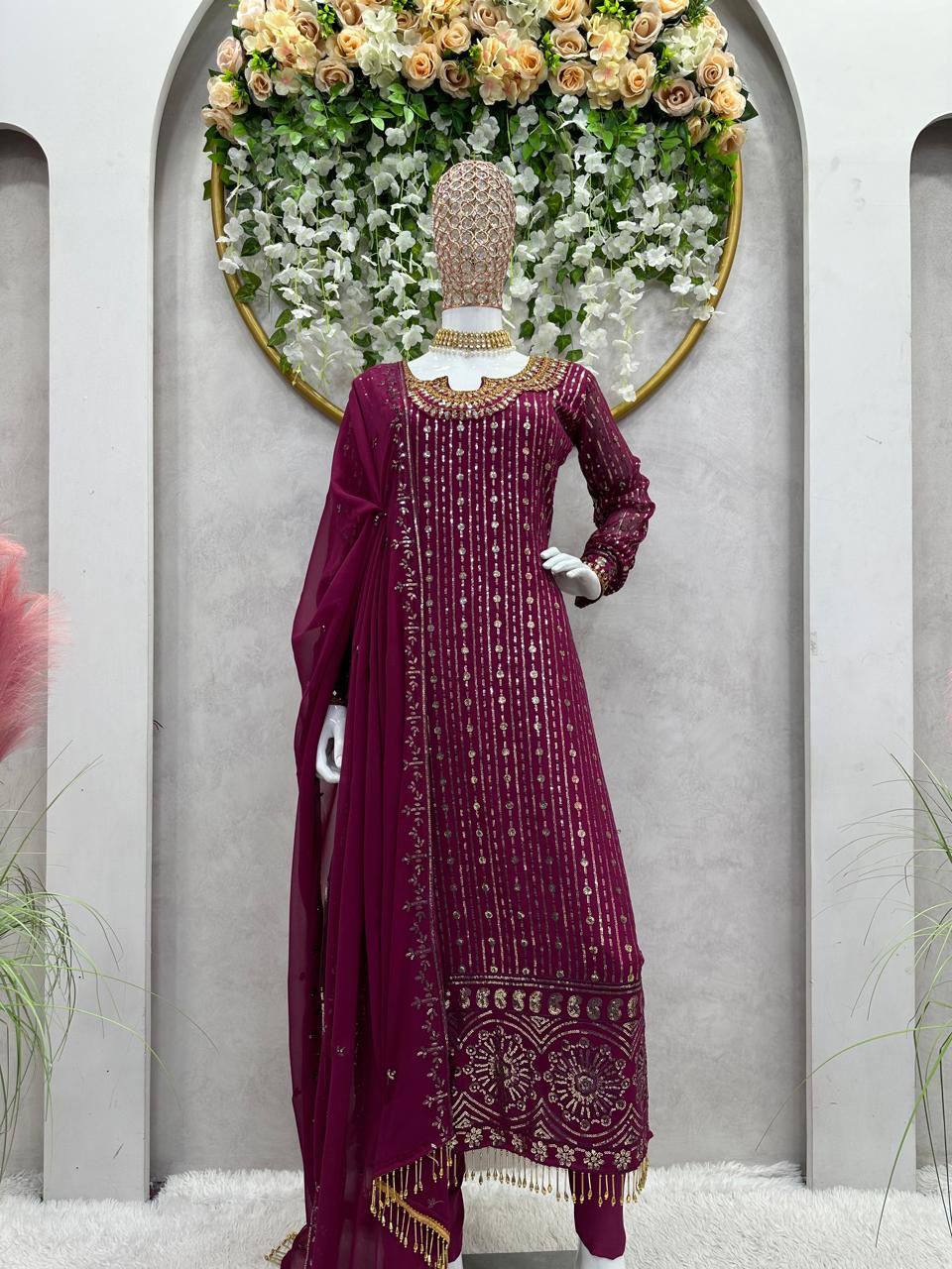 Wine Elegant Mirror Work Co-Ord Set ClothsVilla