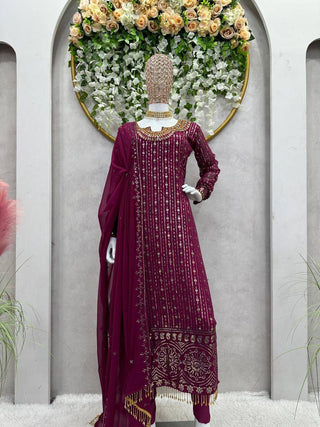 Wine Elegant Mirror Work Co-Ord Set ClothsVilla