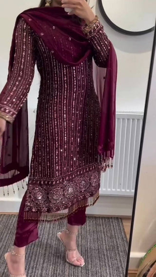 Wine Elegant Mirror Work Co-Ord Set ClothsVilla
