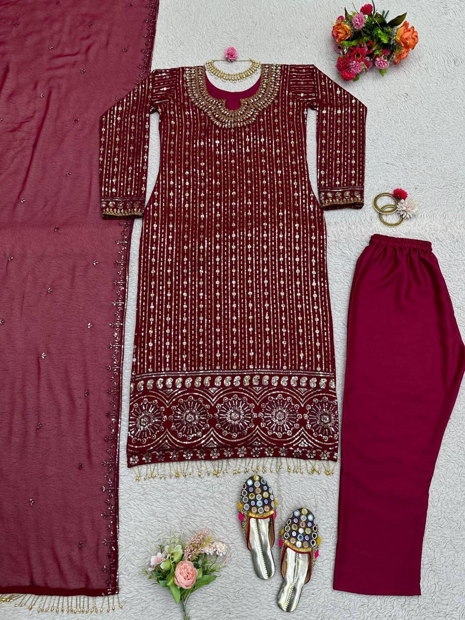 Wine Elegant Mirror Work Co-Ord Set ClothsVilla
