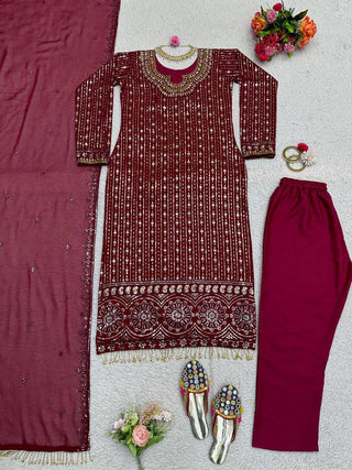 Wine Elegant Mirror Work Co-Ord Set ClothsVilla