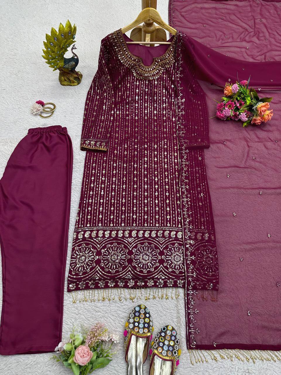 Wine Elegant Mirror Work Co-Ord Set ClothsVilla