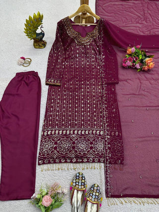 Wine Elegant Mirror Work Co-Ord Set ClothsVilla