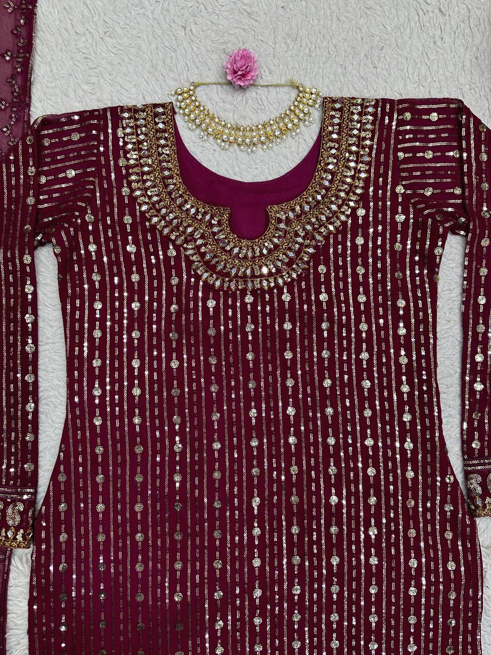 Wine Elegant Mirror Work Co-Ord Set ClothsVilla